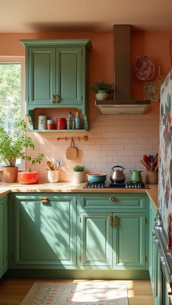 25-Sage-Green-Cabinets-That-Will-Make-Your-Kitchen-the-Envy-of-All-12.-Eclectic-Mix-Sage-with-Bold-Colors